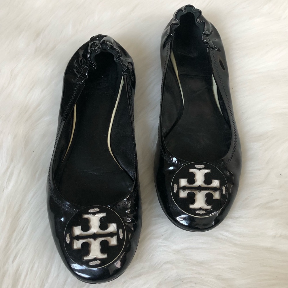 Tory Burch Black & White Patent Leather Reva Flats